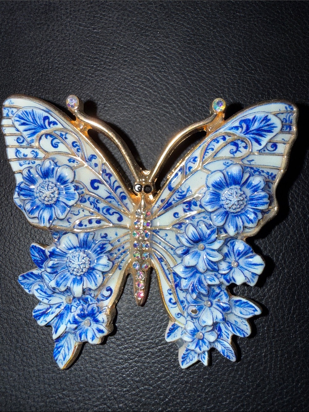 Gold-Tone Blue & White Floral Butterfly Brooch